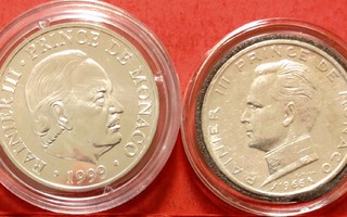 Monaco 5 Francs 1966 (tyydyttävä) + 100 Francs 1999. (KD8)