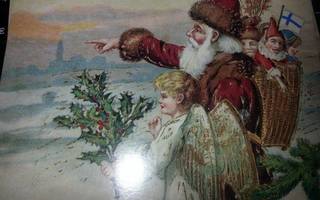 Nostalgia joulukortti : Joulupukki ja enkeli