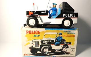 Peltilelu + laatikko 1960-luvulta:Police jeep poliisi jeeppi