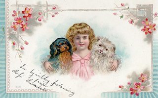 Vanha postikortti- lapsi ja koirat