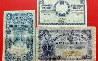 10 mk 1898 ja 5 markkaa 1897 ja 1909, ryppyisiä. (KD18)