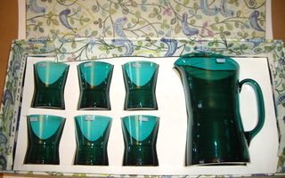 Riihimäen lasi  MEHUKANNU + 6 LASIA  Vihreä / turkoosi lasi