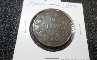 10  penniä  1909   rahakehyksessä  Kl 6-7  Siisti