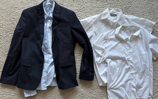 Tummansininen puvuntakki + 3 paitaa, kokoa  164 cm