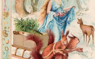 Vanha postikortti- neito ja metsän eläimet, koho