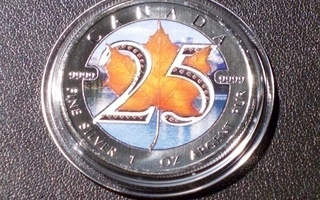 Hopearaha 1 oz Canada 2013 25th Ann. coloured Maple Leaf BU