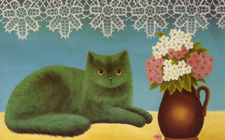 Anna Hollerer - Kissa pöydällä, kukkamaljakko