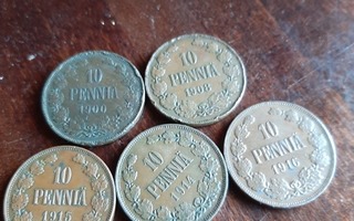 10 penniä 1900-1916 5 kpl
