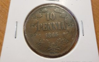 10  penniä  1865   kl   4   Rahakehyksessä  siisti