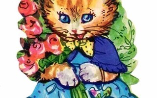 EO 8022 / Kaunis kissaneiti röyhelömekossa, ruusuja.