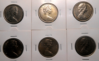 Australia. 20 cents v.1966-1980, 6 erilaista kolikkoa.