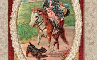 Vanha postikortti- tyttö hevosen selässä, kohokehys