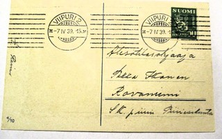 1939 Viipuri 2 kortti Rovaniemen Suojeluskuntaan 7.4.39