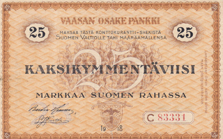 Vaasan Osake-pankki 25 markkaa 1918