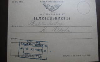 Valtionrautatiet ilmoituskortti 1937 Rovaniemi