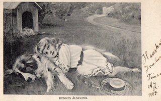 Vanha postikortti -lapsi ja iso koira lähekkäin