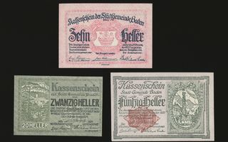 Itävalta Notgeld 10, 20, 50 Heller, Baden 1920