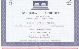 1988 Siltasaari-Invest Oy spec, Helsinki pörssi osakekirja