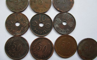 5, 10 ja 50 penniä 1920-1993