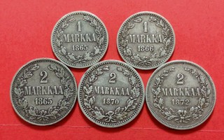 2 markkaa 1865, 1870,1872  + 1 mk 1865 ja 1866. (KD41)