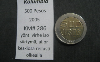 Kolumbia 500 Pesos 2005  KM# 286  Bimetalli lyönti virhe