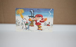 postikortti tonttu ja lumiukko