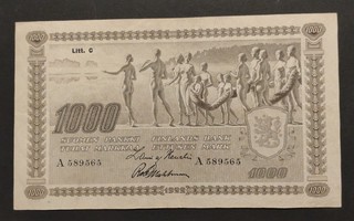 1000 mk markkaa 1922, kunto 6-7, aika hyvä. (KD11).