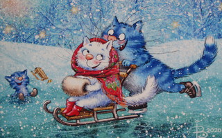 Irina Zeniuk sininen kissa jäällä kelkkailemassa