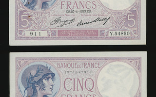 Ranska 2 x 5 Francs 1933, P72e, XF+ peräkkäiset numerot