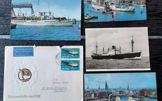4 vanhaa laiva korttia ja DDR kirjekuori