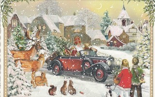 Joulupukilla punainen auto (Tausendschön-kortti)