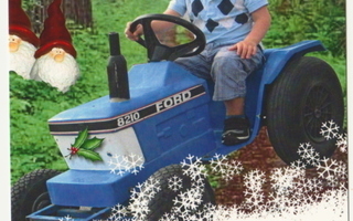 Ford 8210 poika leikkitraktorin selässä postikortti