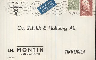 1961 Aho ja 2(mk) lentomaksuna kirje Oulusta  Tikkurilaan