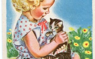 Lapsi - Tyttö ja pienet kissat - Kortti 1940-50-luvulta