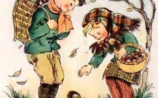 LAPSET / Poika ja tyttö poimimassa sieniä. 1940-l.