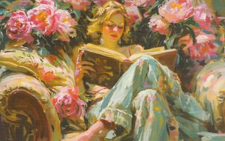 Nainen lukee pionien keskellä