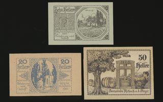 Itävalta Notgeld 10, 20, 50 Heller, Aschach 1920