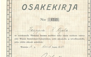 1927 Vaasan Rautabetoni Oy, Vaasa osakekirja