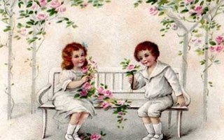 LAPSET / Tyttö ja poika penkillä ruusupuiden alla. 1920-l.