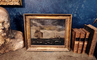 Signeerattu öljymaalaus ”Sotalaiva merellä” v. 1836