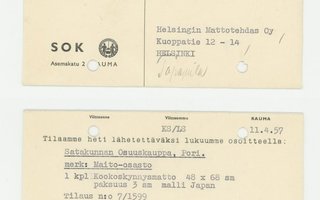 SOK Rauma  postitettu kortti Helsinkiin 11.4.1957