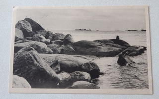 Vanha Hanko kortti, meri, rantakalliot, laiva v. 1936