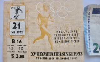 Helsinki 1952 Olympia Pääsylippu Lippu Yleisurheilu 21.7.52