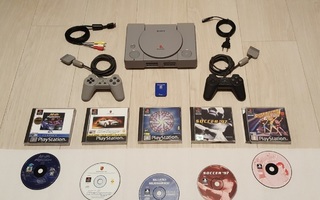 Sony PlayStation -paketti (konsoli, ohjaimet, pelit jne.)