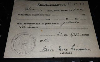 Kuljetusmääräys Jessoila-Kutisma 1941 PK900/18
