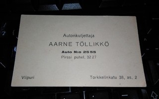 Viipuri Autonkuljettaja Aarne Töllikkö Käyntikortti PK68