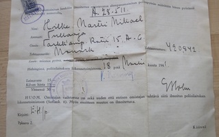 VANHA Polkupyörän Lunastustodistus Poliisi 1941