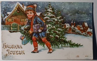 Lapsi tuo joulukuusta ja lahjoja, vanha väripk, p. 1931