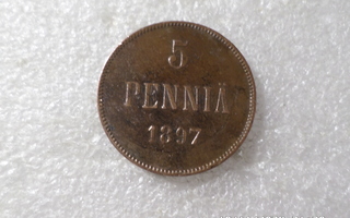 5   penniä  1897  siistikuntoinen  kl 8-9