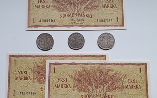 Kolme hopeamarkkaa 1964 - 1966 + kolme 1 mk sileää seteliä